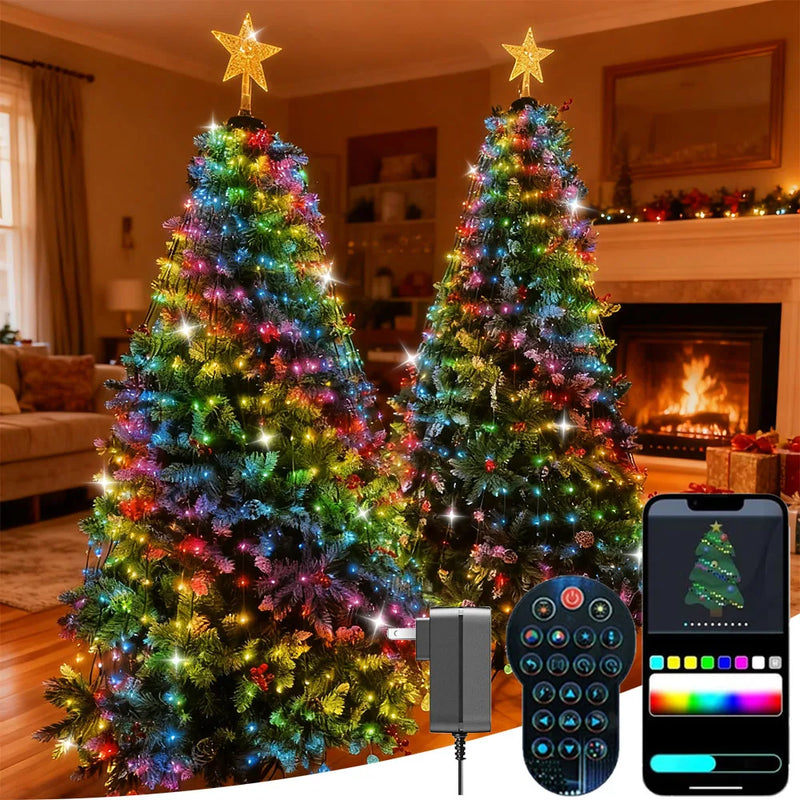Guirlande de sapin cascade RGB avec étoile, application, télécommande, IP65, 1,8 à 2,4 m