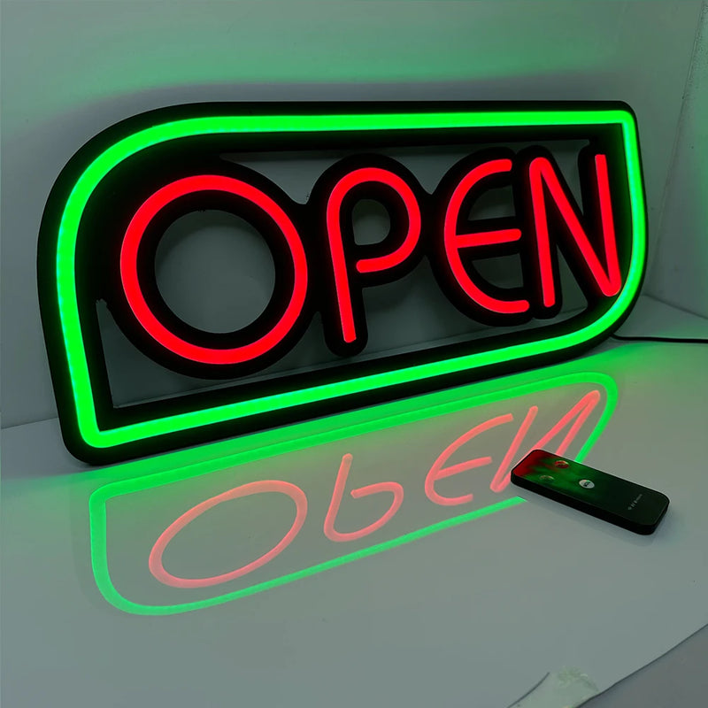 Panneau lumineux OPEN – lettres rouges, cadre vert, avec télécommande
