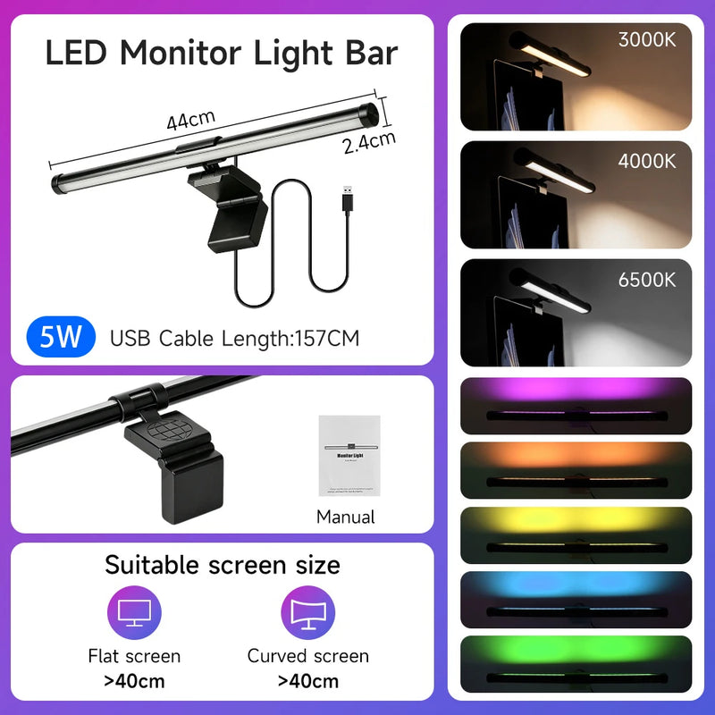 Lampe écran PC LED – modèle de 40 cm avec RGB 7 couleurs, minuterie de 60 minutes et protection des yeux
