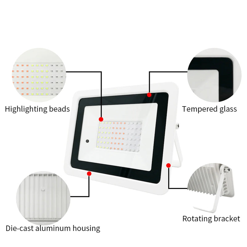 Projecteur LED RGB IP68 – détails du boîtier en aluminium, du verre trempé et de l'étrier