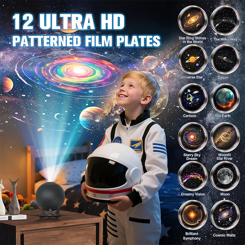 Veilleuse projecteur ciel étoilé boule noire – enfant en astronaute et douze disques de projection