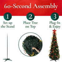Petit sapin lumineux pop-up 120 cm avec LED, rubans et fleurs de Noël