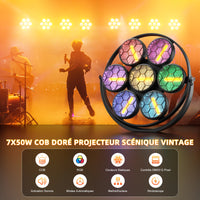 Projecteur vintage COB – en situation derrière un chanteur sur une scène de concert
