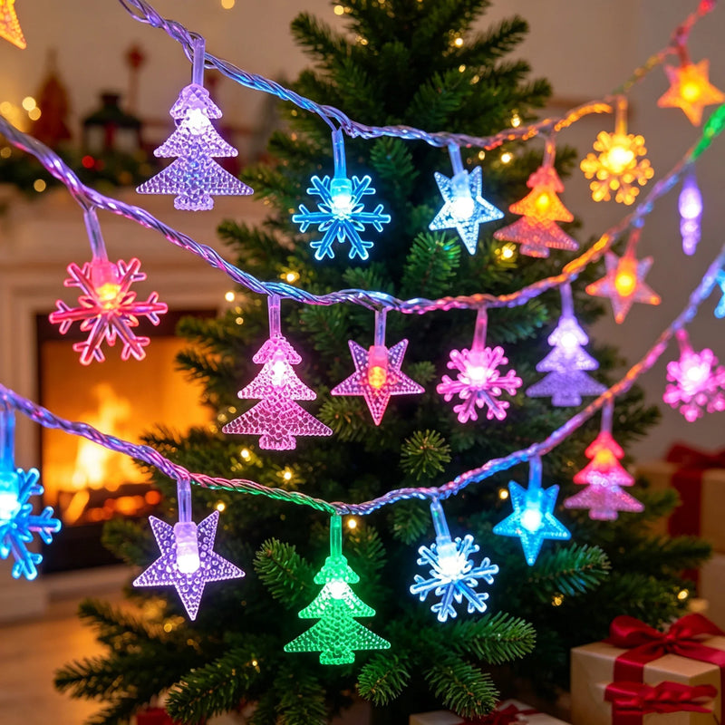 Guirlande lumineuse extérieur Noël à motifs – guirlande multicolore d'étoiles, de flocons et de sapins sur un sapin de Noël