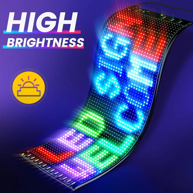 Panneau LED défilant flexible – texte multicolore sur un panneau courbé, forte luminosité