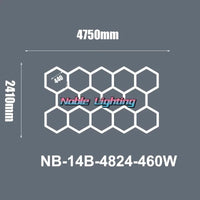 Plafonnier LED hexagonal – schéma du format 14 hexagones sans bordure, 475 x 241 cm