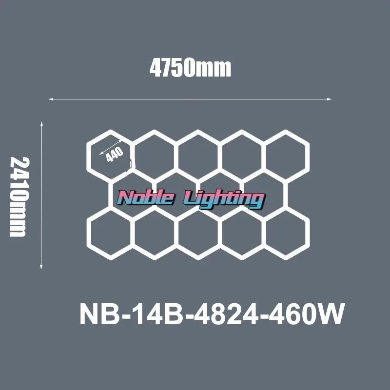 Plafonnier LED hexagonal – schéma du format 14 hexagones sans bordure, 475 x 241 cm