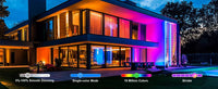 Projecteur mural LED COB 120 W – façade de maison éclairée en couleurs, gradation, mode monochrome et stroboscope