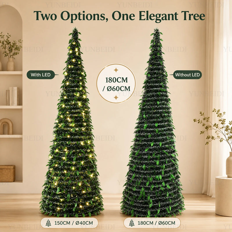 Sapin lumineux pliable télescopique à LED blanc chaud, 150 ou 180 cm