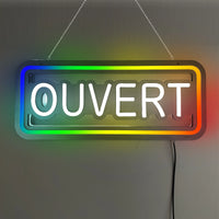 Panneau lumineux ouvert multilingue – modèle français OUVERT, cadre multicolore