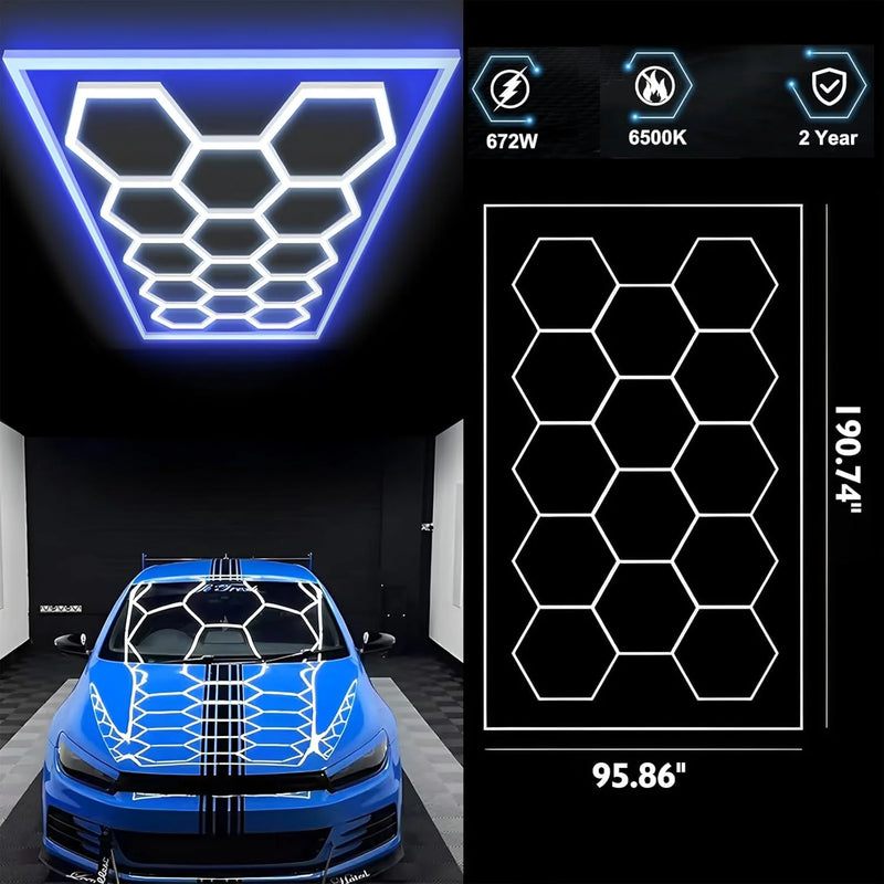 Éclairage LED hexagonal garage 14 hexagones 672 W, cadre couleur au choix