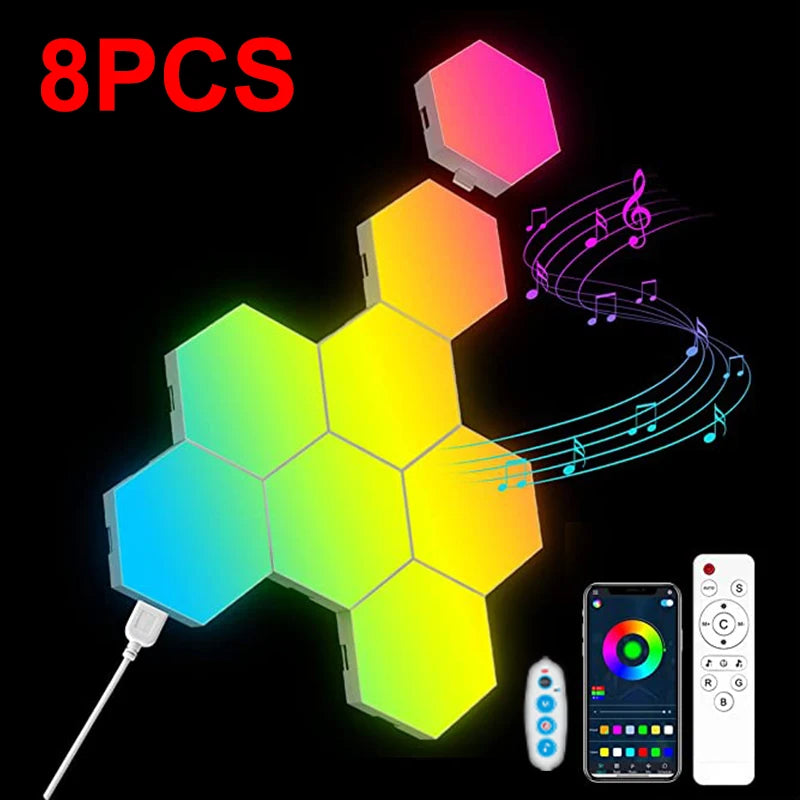Applique hexagonale RGB – lot de 8 panneaux avec câble USB, application et télécommandes