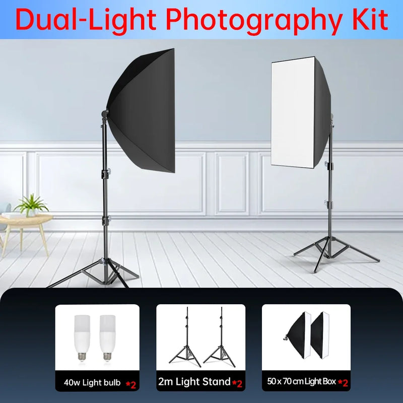 Kit studio photo softbox 50x70 cm, pied 2m, 1 à 3 lumières