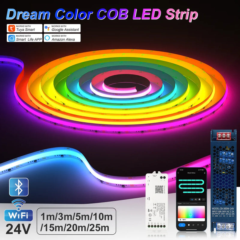 Ruban LED COB RGBIC adressable 24 V, kit Wi-Fi et Bluetooth avec télécommande, 1 à 25 m