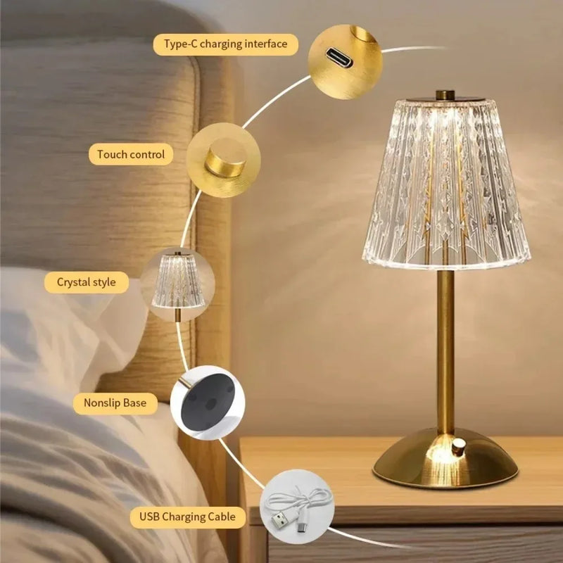 Lampe de table sans fil effet cristal, tactile, rechargeable, 30 cm