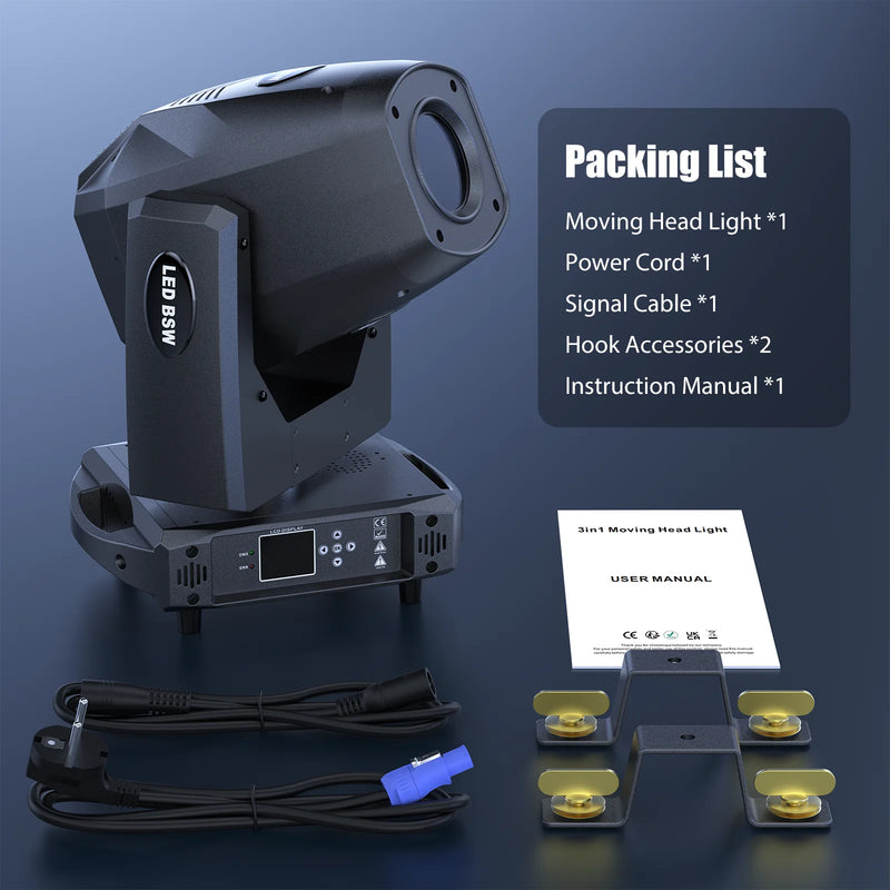 Lyre LED 3 en 1 200 W – contenu du colis : lyre, cordon, câble de signal, crochets et manuel