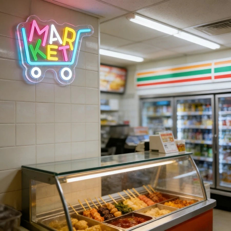 Enseigne néon MARKET chariot de courses – au mur d'une épicerie, près d'un comptoir de grillades