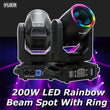Lyre LED beam spot 200 W à anneau RGB, DMX 13 ou 15 canaux, 13 gobos