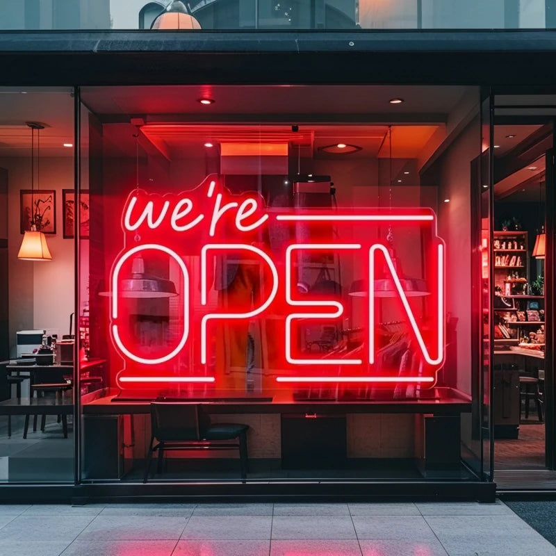 Enseigne néon We're OPEN – version rouge devant une vitrine