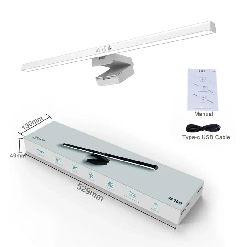 Barre lumineuse écran 50 cm – version blanche avec son câble USB-C, sa notice et sa boîte