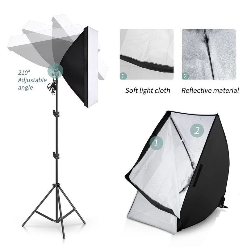 Kit studio photo softbox 50x70 cm, pied 2m, 1 à 3 lumières