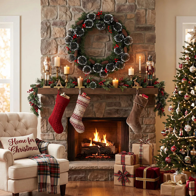 Couronne de Noël lumineuse LED – au-dessus d’une cheminée