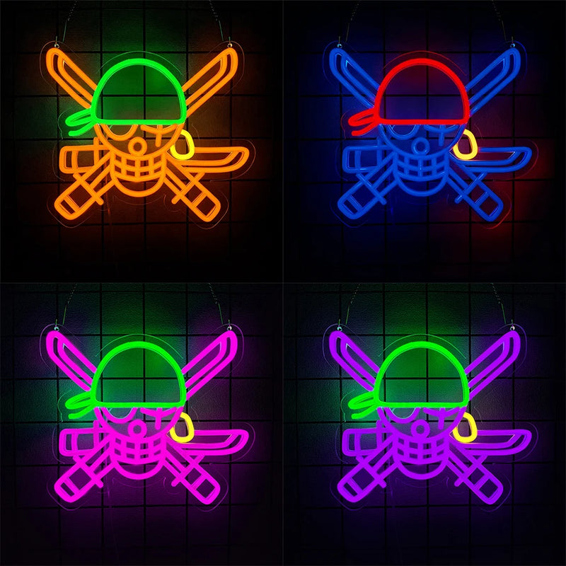 Néon LED crâne pirate One Piece, bandana et sabres, enseigne USB, 33 cm