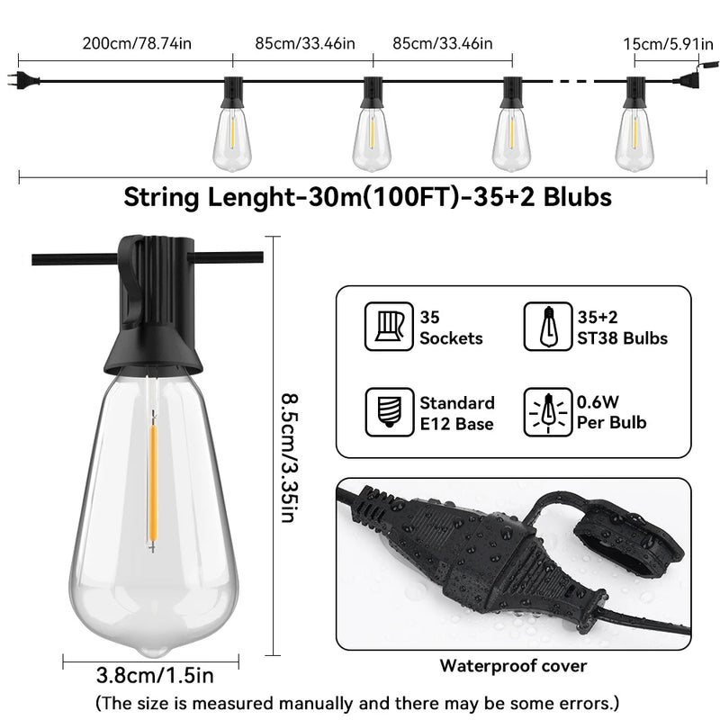 Guirlande guinguette extérieur ST38, ampoules LED plastique, 10 à 30 m
