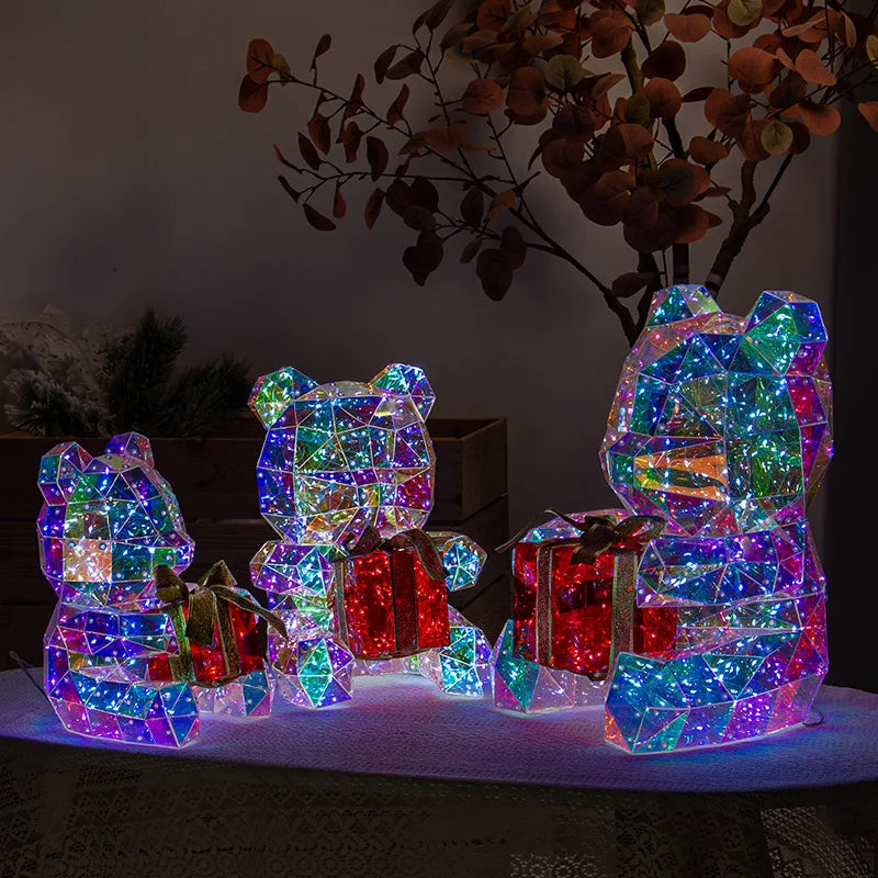 Ours lumineux de Noël irisé avec cadeau, figurine LED USB de 25 cm en boîte-cadeau
