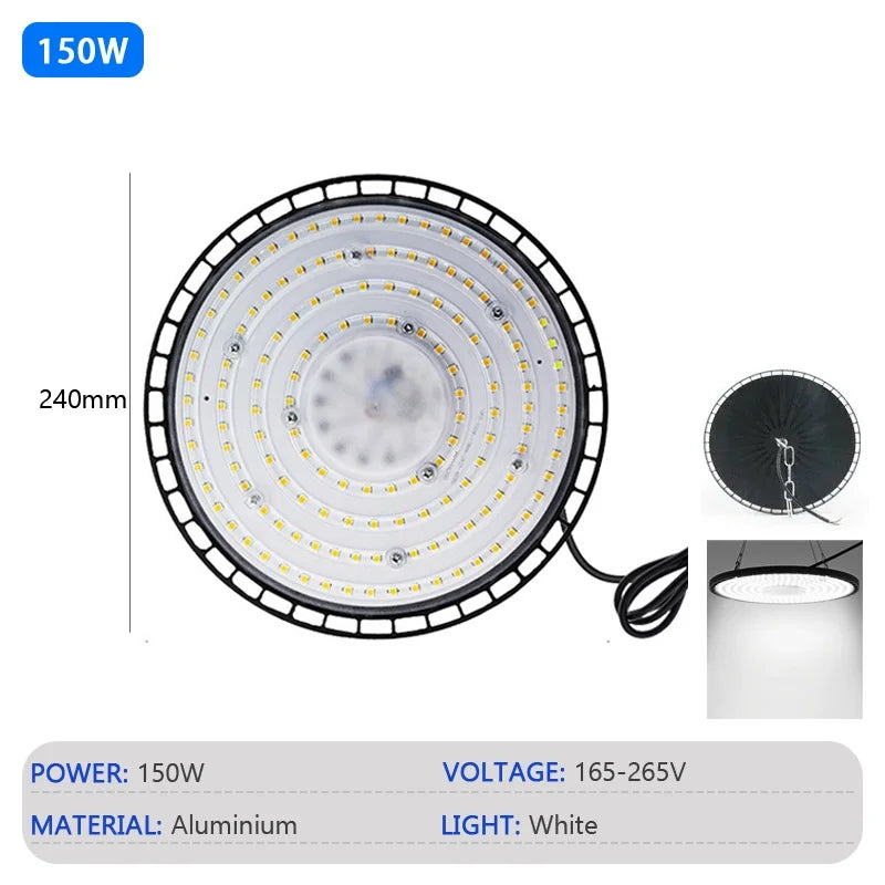 Cloche LED industrielle UFO 100 ou 150 W, IP65, 6000 K