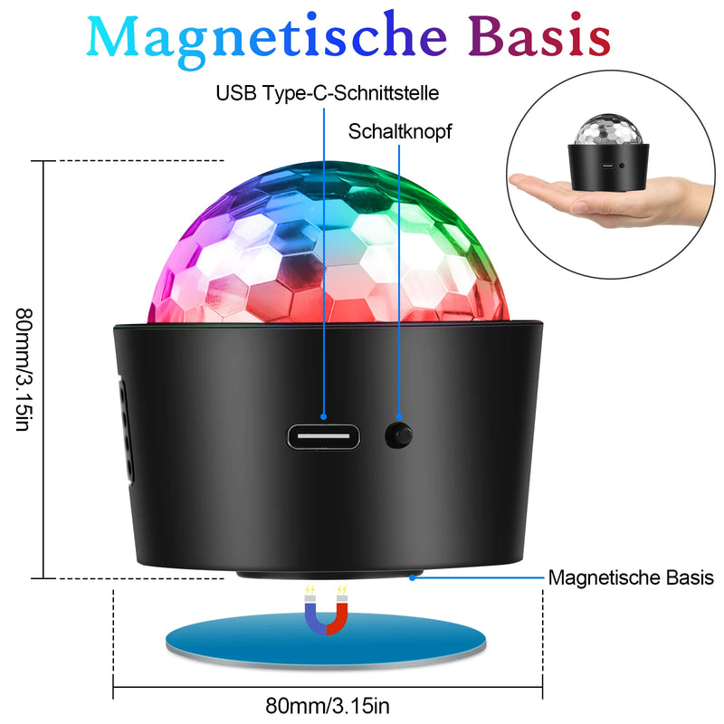 Mini boule disco LED rechargeable – port USB-C, interrupteur et base magnétique