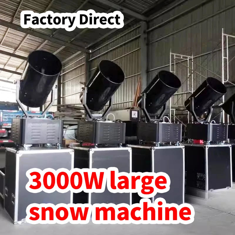 Machine à neige 3000 W – plusieurs machines alignées sur leurs caisses de transport