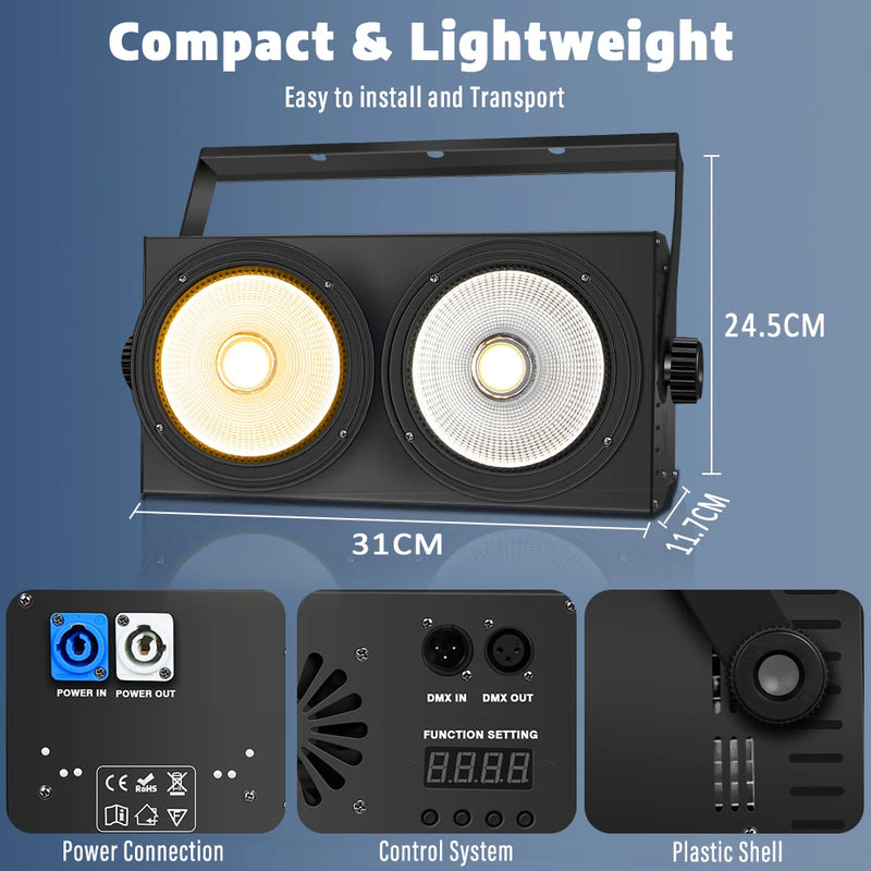 Lot de 2 projecteurs PAR LED COB 2 x 100 W – dimensions 31 x 24,5 x 11,7 cm, connecteurs d'alimentation, commande DMX et boîtier en plastique