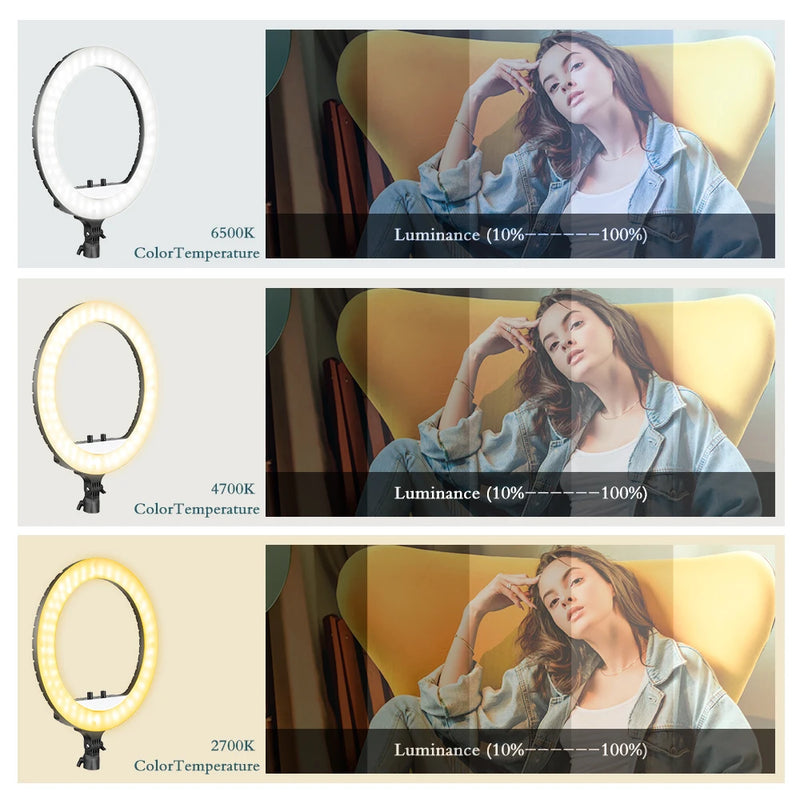 Ring light LED 45-48 cm, trépied au choix, 3 supports téléphone