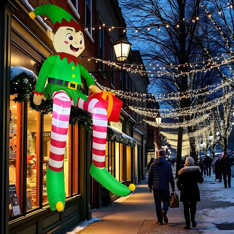 Elfe de Noël gonflable assis, 2,45 m, avec LED et cadeau