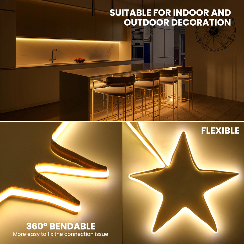 Ruban LED COB 24 V – en situation sous les meubles d'une cuisine et en forme d'étoile