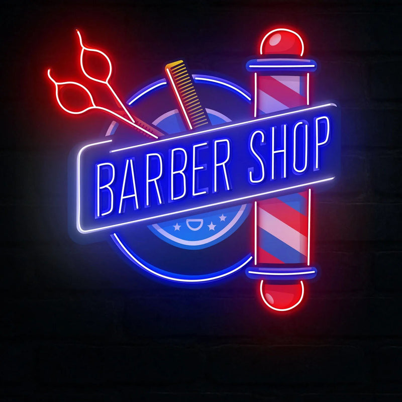 Enseigne néon Barber Shop – vue de face sur fond sombre