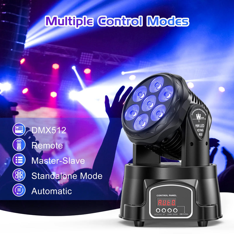 Lot de 2 mini lyres LED wash 7 x 15 W – modes de pilotage : DMX512, automatique, autonome et maître-esclave