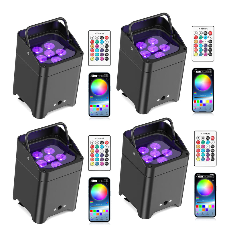 Lot de 4 uplights PAR LED sans fil noirs, batterie 9600 mAh, application et télécommande