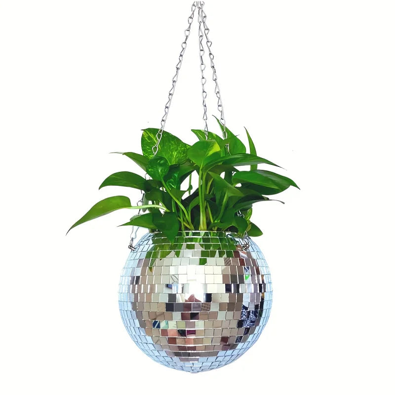 Jardinière boule à facettes – plante verte dans la boule argentée suspendue
