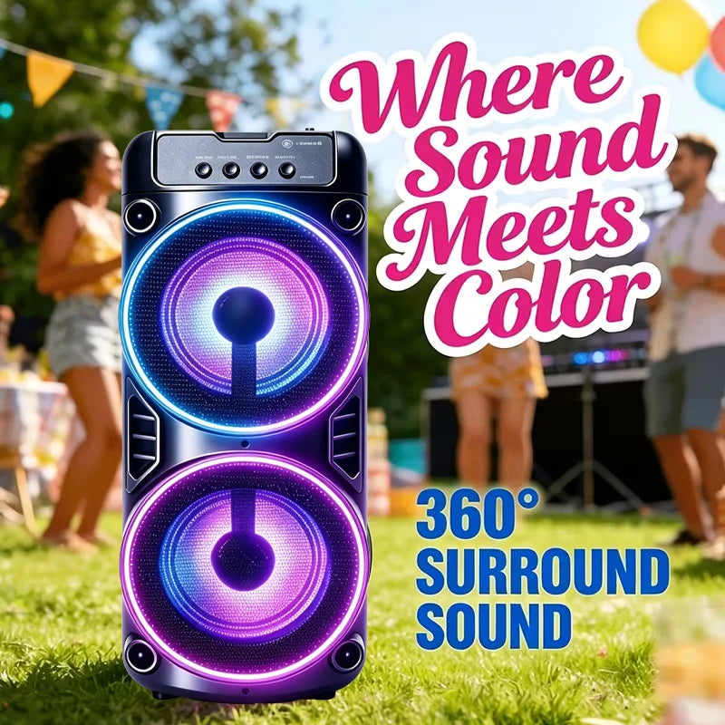 Enceinte Bluetooth lumineuse – enceinte posée dans un jardin pendant une fête