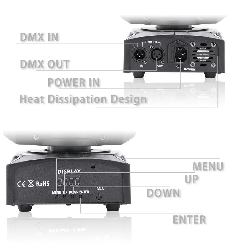 Mini lyre LED beam 60 W à anneau RGB, 8 gobos, DMX, à l'unité ou par 2