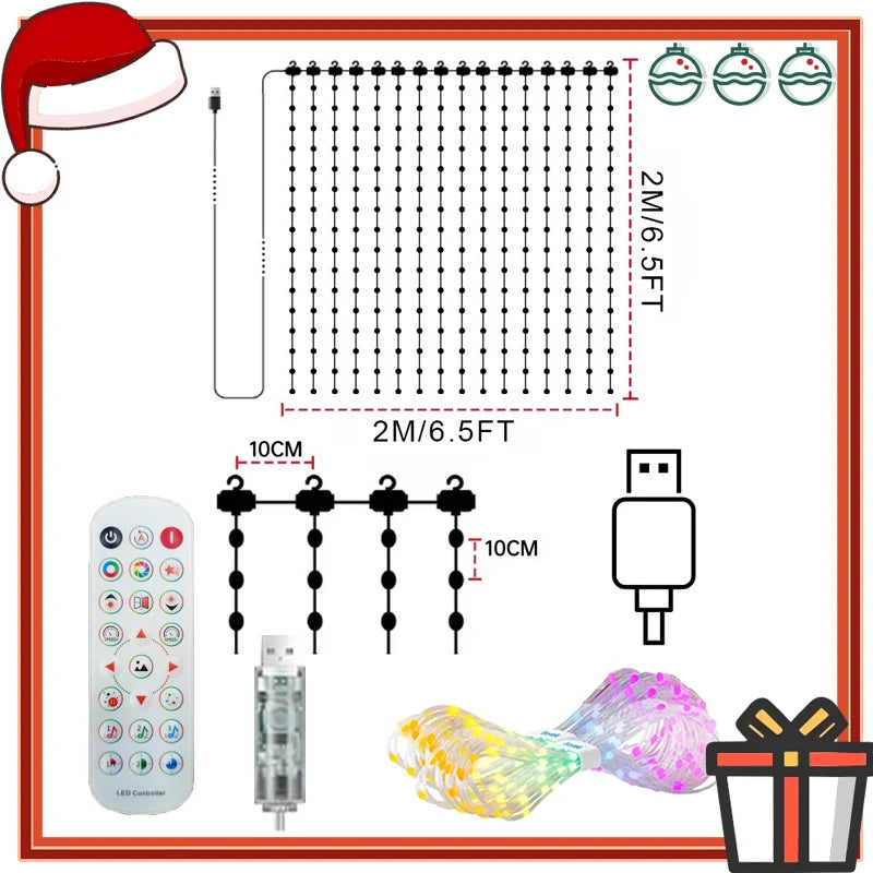 Rideau lumineux LED – schéma du format 2 x 2 m avec télécommande et contrôleur USB