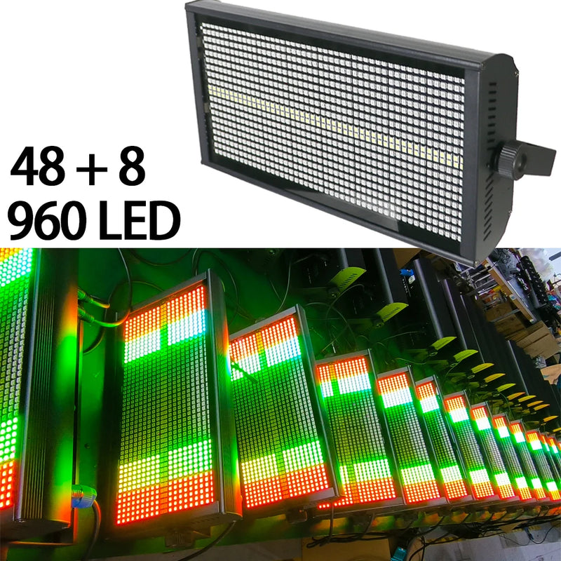 Stroboscope LED 200 W – vue de face et rampe d'appareils allumés