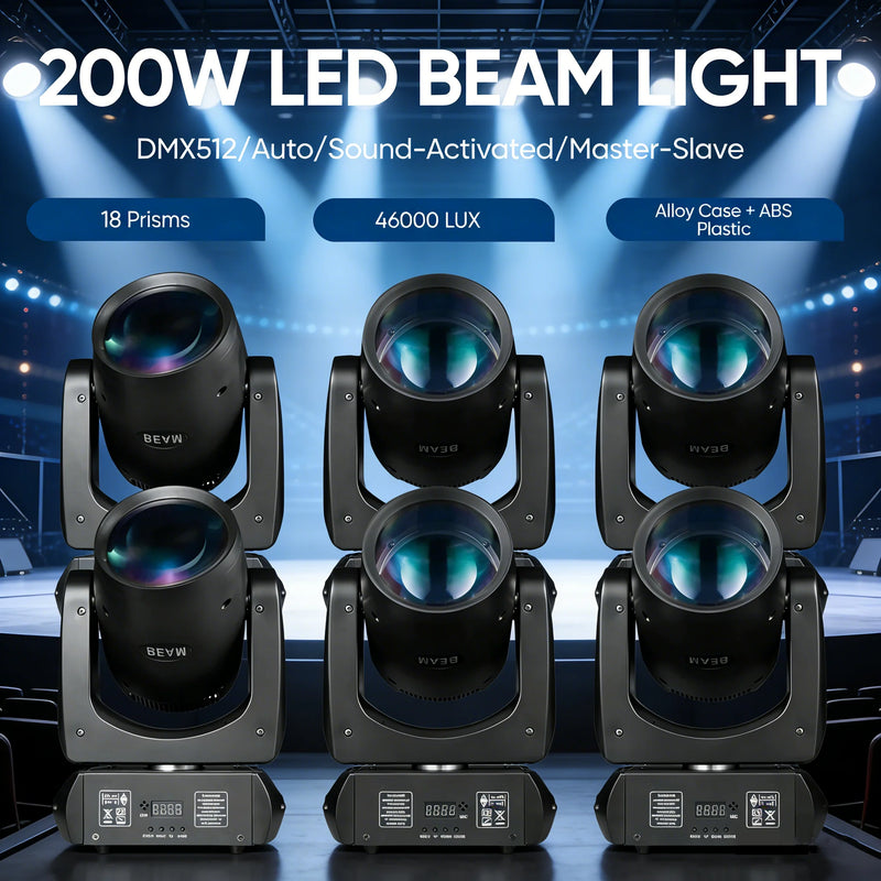 Lyre LED beam 200 W à 18 prismes – bannière avec six lyres, modes automatique, son, DMX512 et maître-esclave