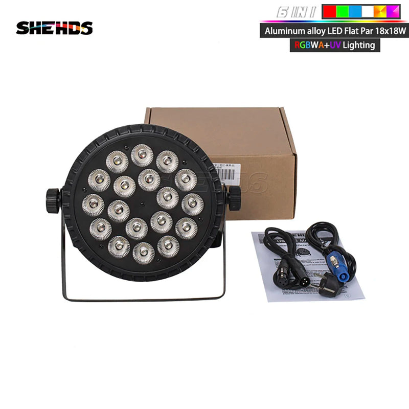 PAR LED aluminium – PAR plat 18 x 18 W RGBWA UV 6 en 1 avec son carton et ses câbles