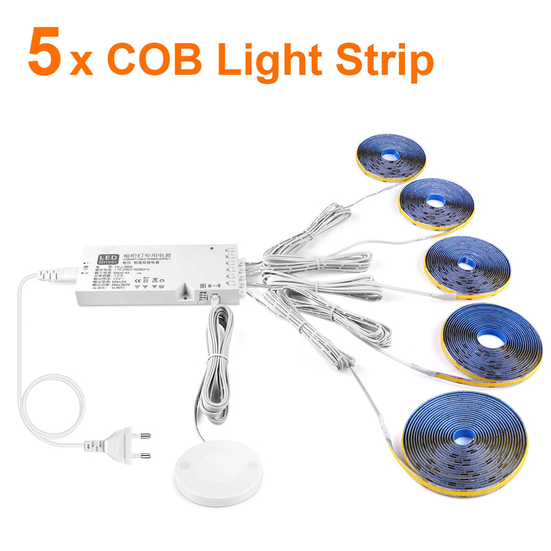 Ruban LED COB 12 V à capteur tactile – kit à 5 rubans