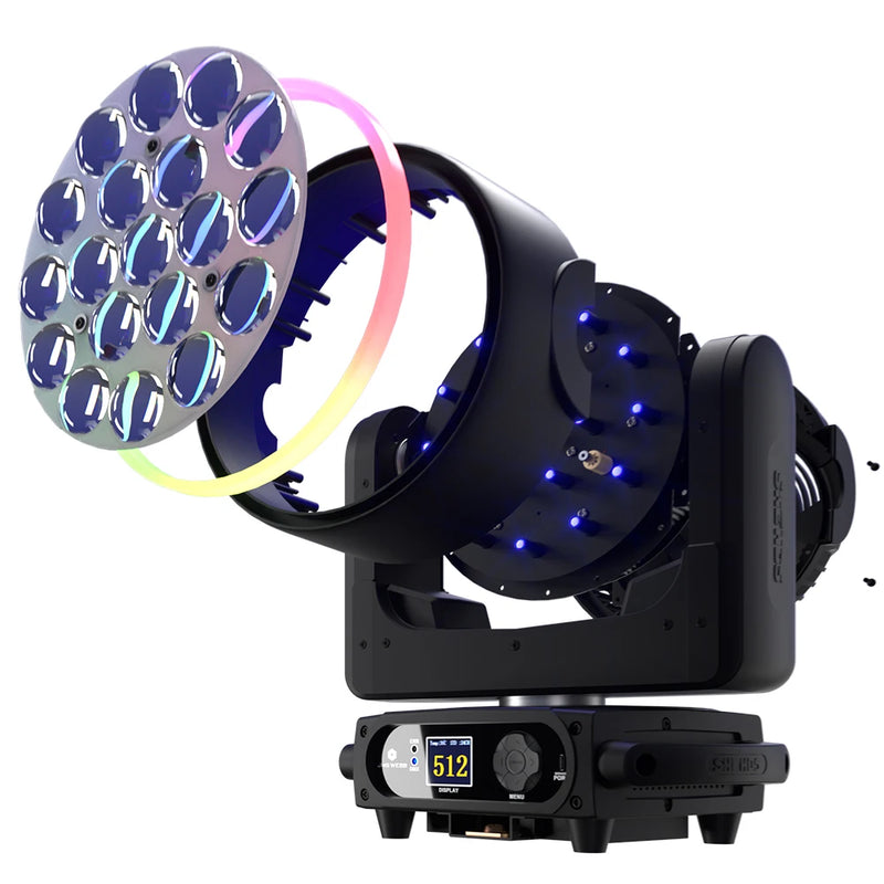 Lyre LED zoom wash 19 LED RGBW – vue éclatée : lentilles, anneau lumineux et bloc de LED