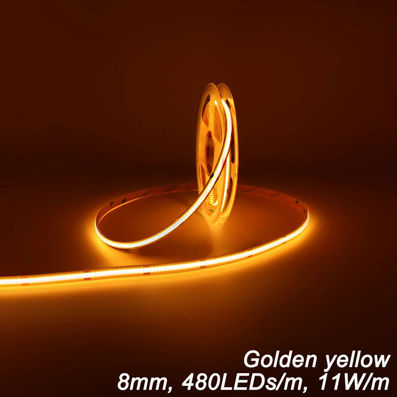 Ruban LED COB 9 couleurs – jaune doré, 8 mm, 480 LED/m