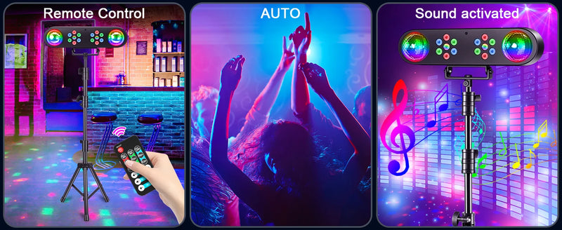 Jeu de lumière 4 en 1 sur trépied – commande par télécommande, mode automatique et mode sonore